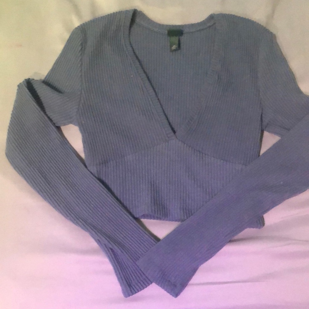 Blue Ribbed Long Sleeve Crop Top